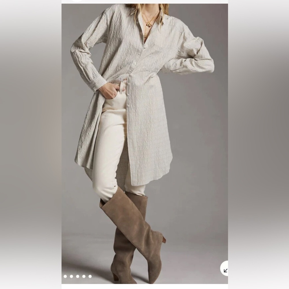 Maeve Anthropologie Maxi Tunic Top Wrinkled Tan White Plaid Button Down Size S